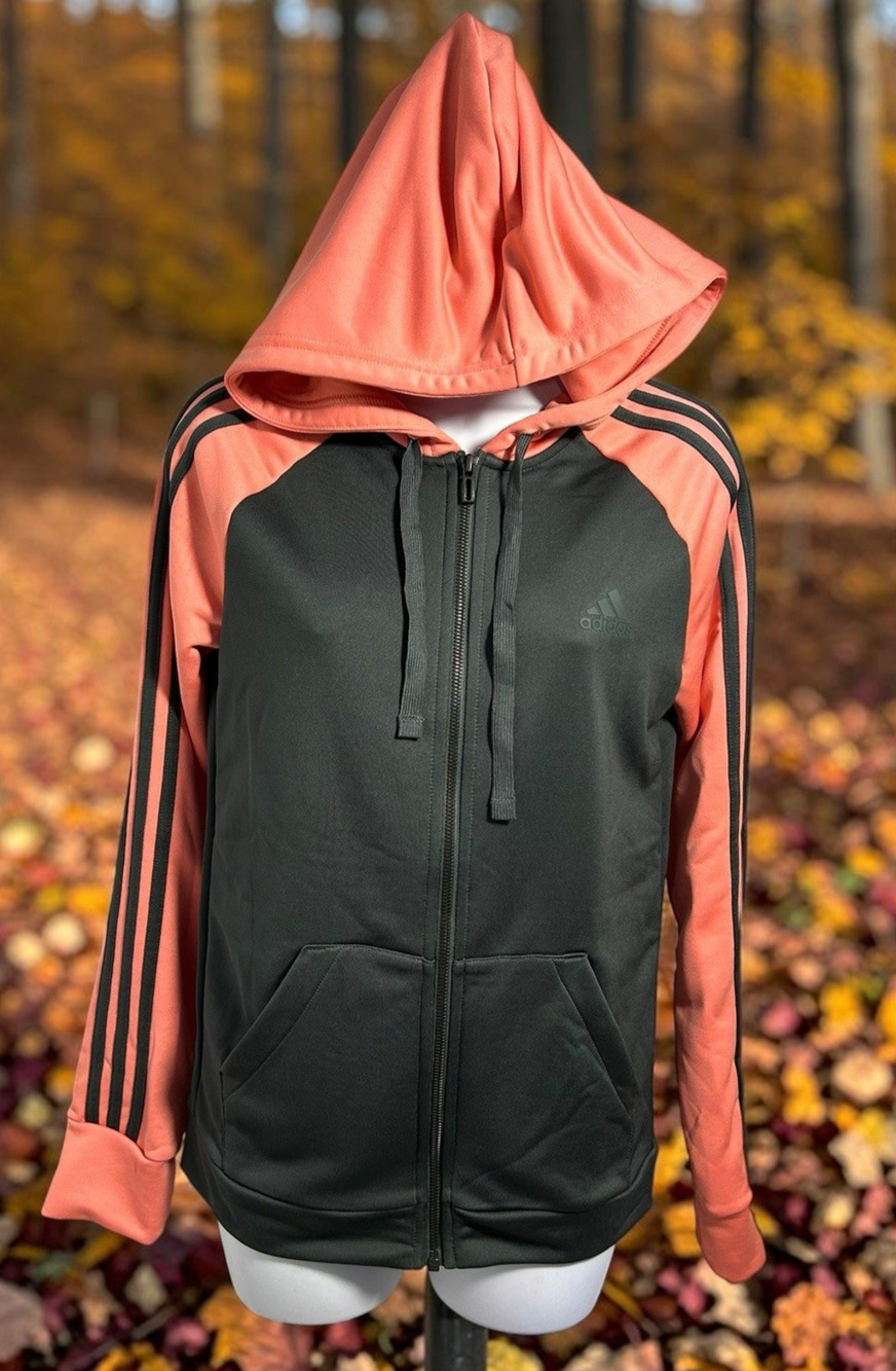 Adidas Track Hoodie Jacket Sz Small Full Zip Green Pink Stripes Pockets Athletic